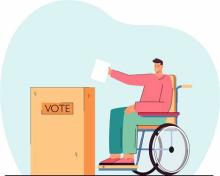 Graphic of a person in a wheelchair putting a ballot in a ballot box