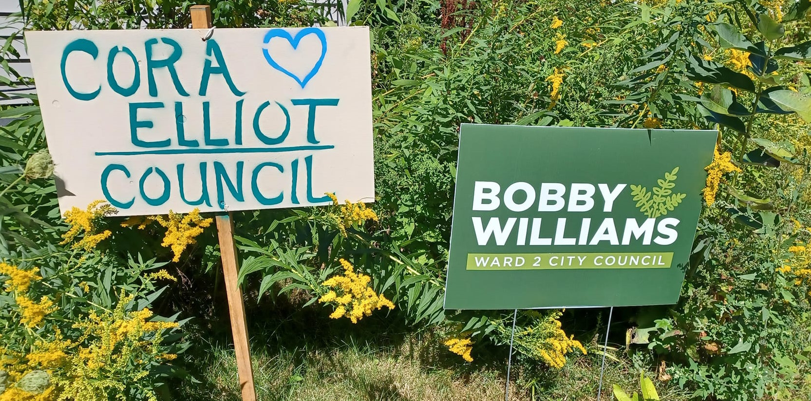 Political signs that say Cora Elliot Council and Bobby Williams Ward 2 City Council