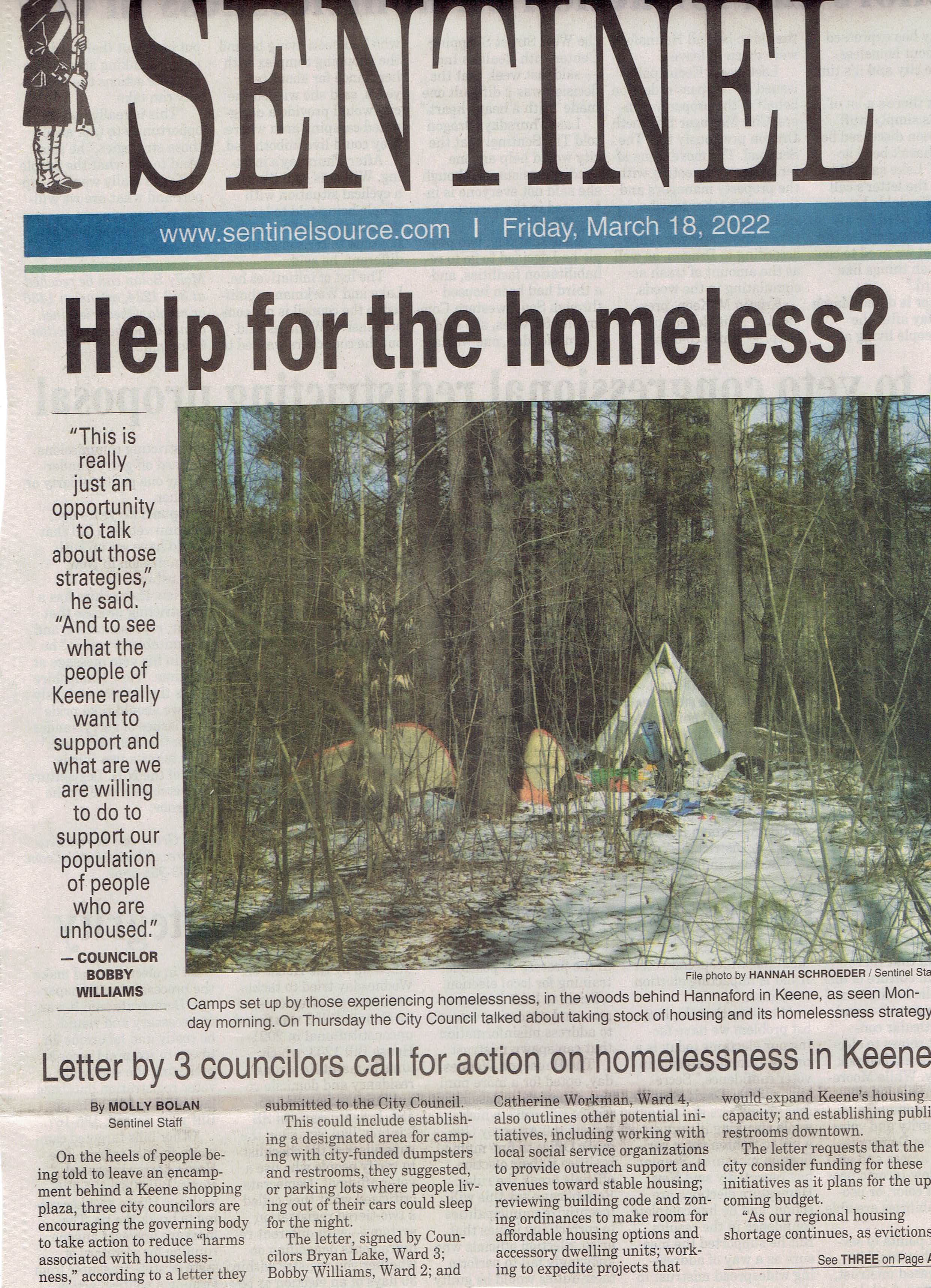 Keene Sentinel with headline "Help for the Homeless"