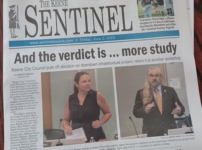 Front page of Keene Sentinel, featuring Councilors Kate Bosley and Bobby Williams