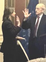 Maggie Goodlander takes the oath of office from Justice Stephen Bryer