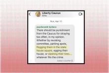 Signal text screenshot reading "There should be punishment from the Caucus for straying too often, in my opinion. Whether by revoking committee, parking spots, flogging them in the state house square, egging their house, or slashing their tires… whatever fits the crime"