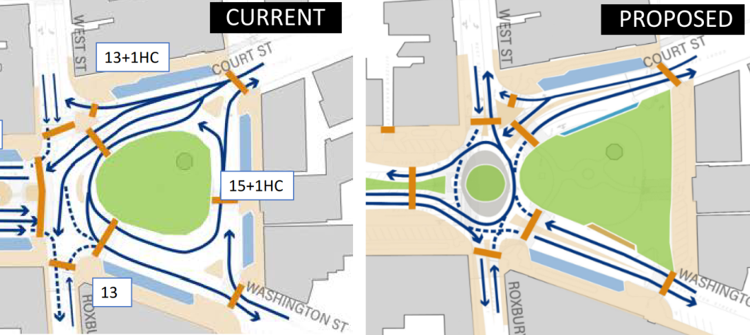 Current and proposed layouts for Central Square in Keene