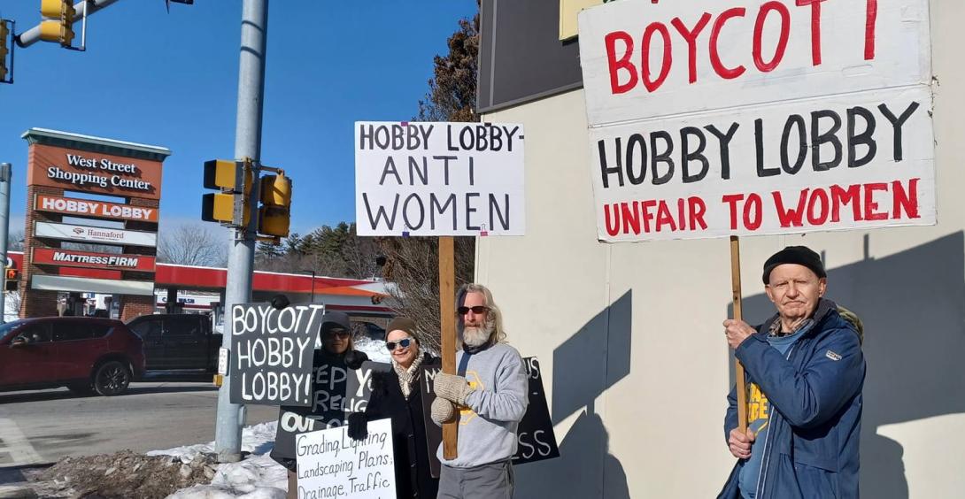 Protesters in Keene picketing a Hobby Lobby